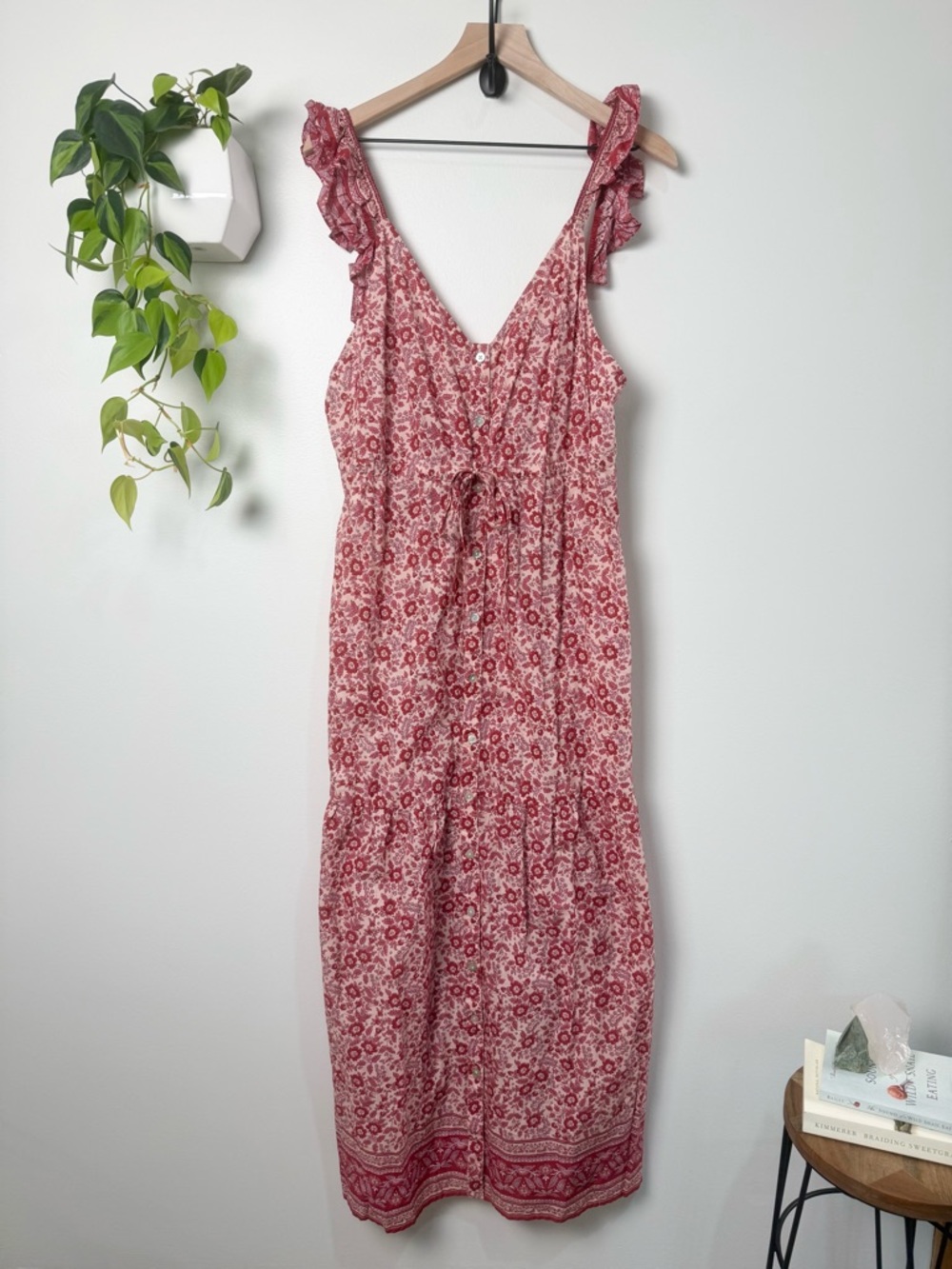 Faherty Hyland Sun Up Block Print Dress Size L Organic Cotton Boho Red Pink